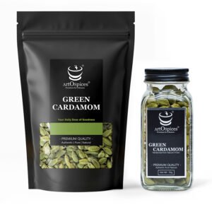 top grade cardamom in pouch and glass jar
